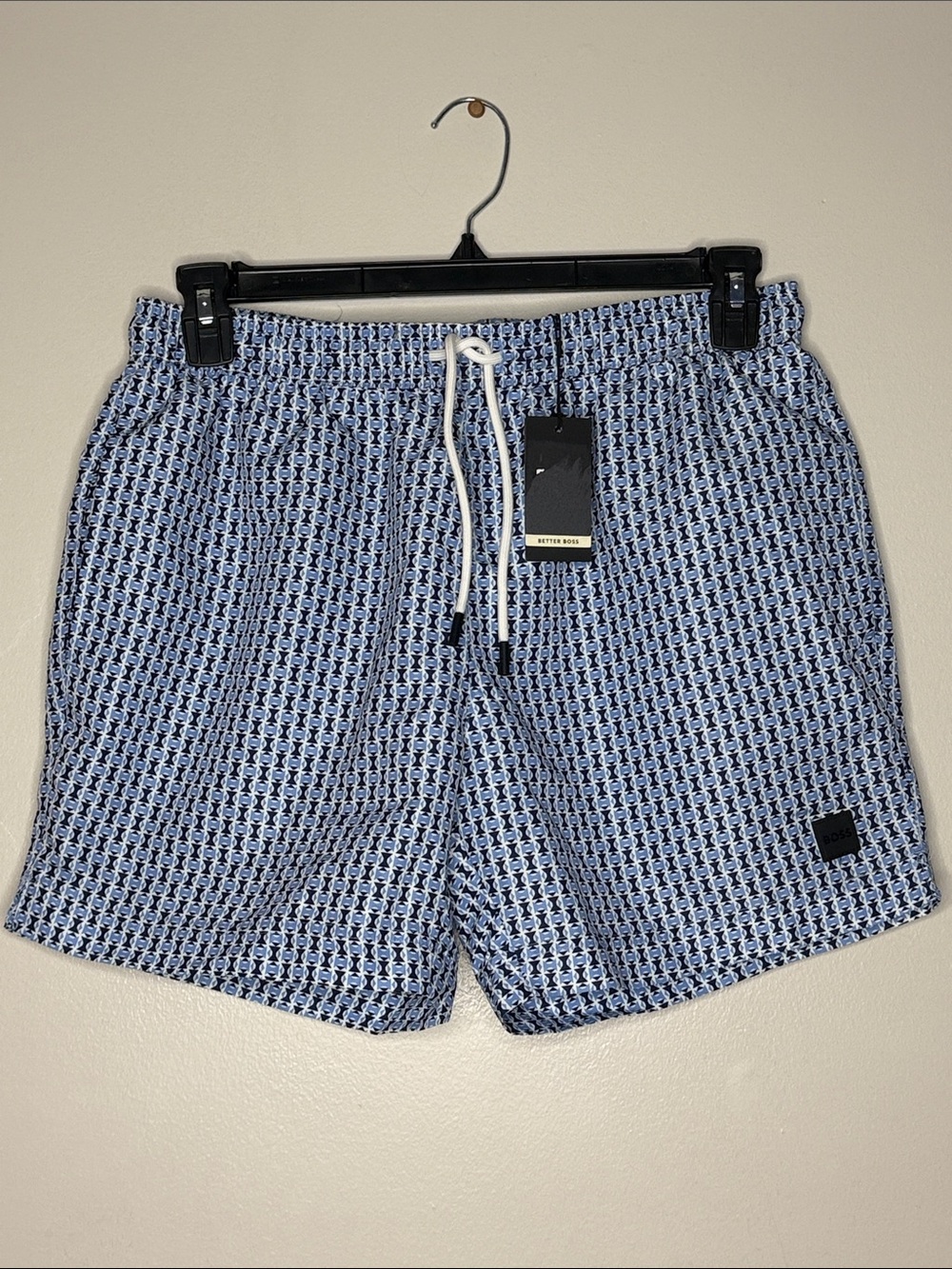 Boss Blue Patterned Swim Trunks with White Drawstring